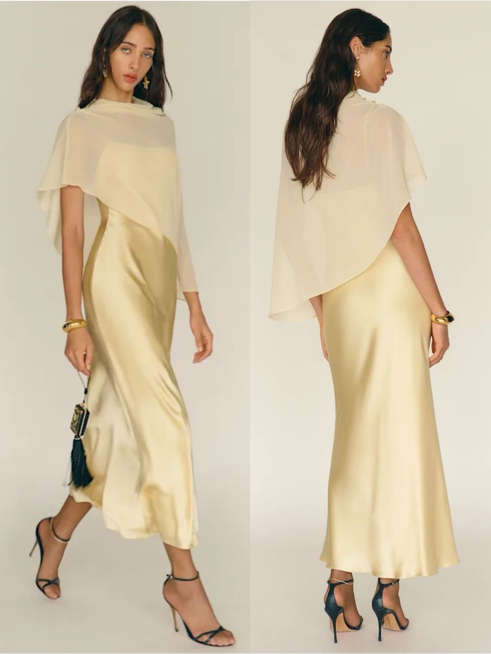 Reformation Lilibeth Silk Dress Detachable Sheer Cape Blonde - Picture 1 of 14